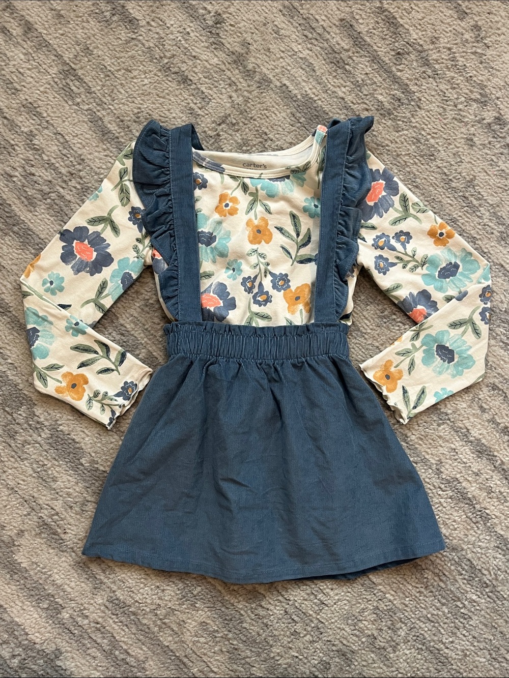 Carter's Cream Floral Top with Blue Pinafore Dress